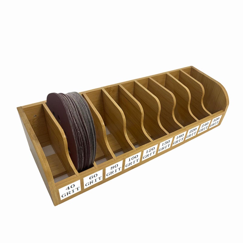 Klizdum Bamboo Sandpaper Holder & Organizer - Pre-Assembled Storage for 5 Inch Sanding Discs, Sanding Blocks & Saw Blades | Compact & Durable Woodworking Tool Accessory (10 bins) - Image 1