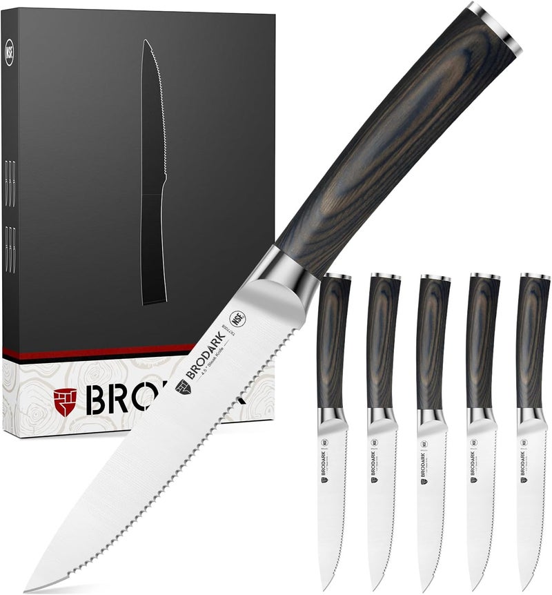 BRODARK Steak Knives Set of 6: 4.5 Inch Serrated Dinner Knives with Wood Handle - High Carbon Stainless Steel Steak Knife - NSF Certified Food Grade Steel, Rust Resistant & Never Need Sharpening - Image 1