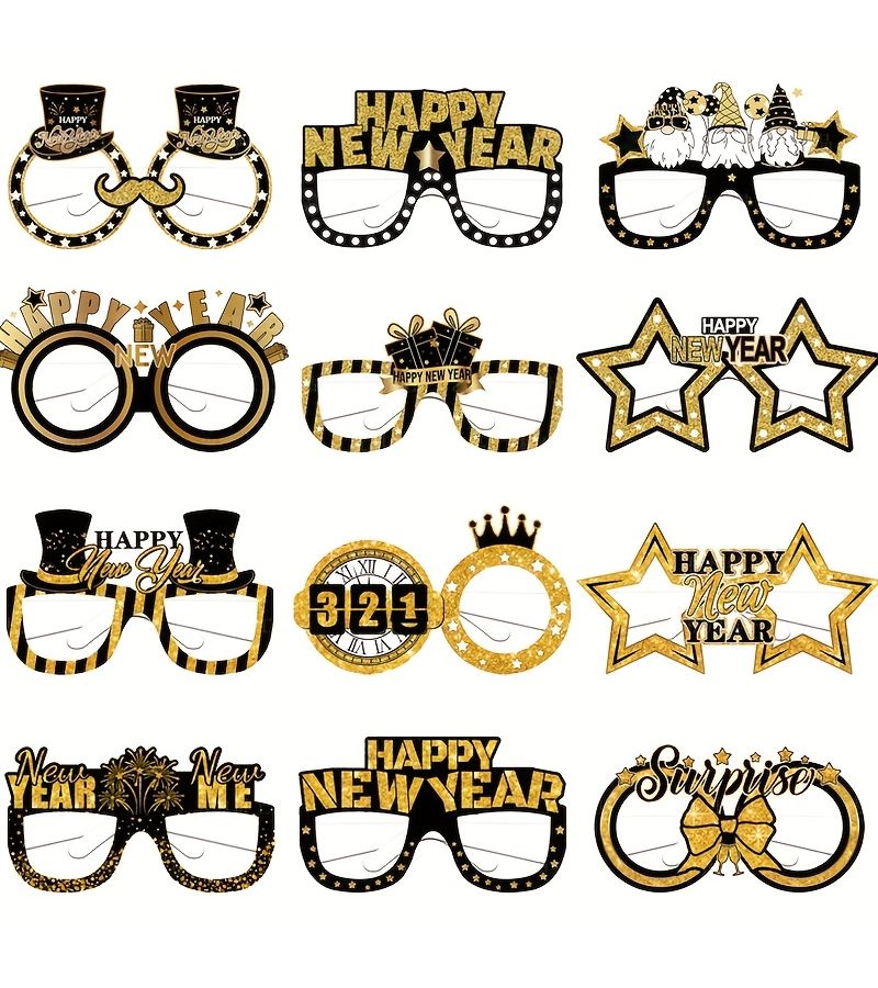 Black Golden Paper Glasses Frames 12pc for Party Photo Booth Props Selfie Fun - Image 1