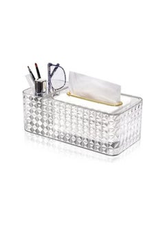 Acrylic tissue box organizer and holder with cover, multi-use organizer for remote control and toiletries, and facial tissue holder in a rectangular shape for home, restaurant, office and car (transpa