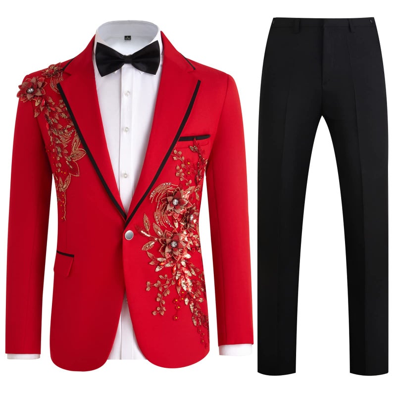 Catheive Mens Suits Slim Fit 2 Piece Floral Tuxedo Suits Blazer Pants with Bow Tie for Wedding Prom - Image 1