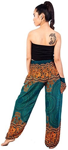 Lofbaz Women's Smocked Waist Rose Flower Boho Pants One Size Teal Green - Image 2