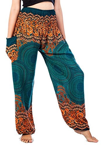 Lofbaz Women's Smocked Waist Rose Flower Boho Pants One Size Teal Green - Image 1