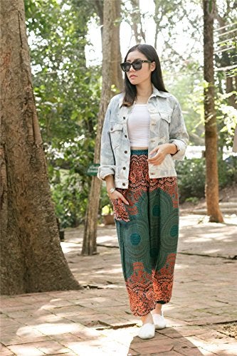 Lofbaz Women's Smocked Waist Rose Flower Boho Pants One Size Teal Green - Image 3