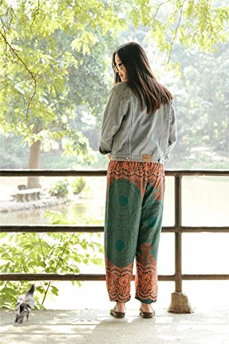 Lofbaz Women's Smocked Waist Rose Flower Boho Pants One Size Teal Green - Image 4