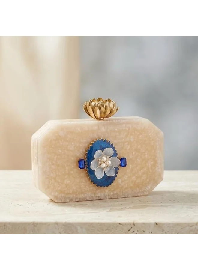 Mobcos Women's Premium Acrylic Evening Clutch Bag | Luxury Resin Box Purse with Crystal Floral Embellishment, Detachable Chain Strap | Elegant Wedding, Party, Cocktail, Bridal & Formal Handbag | Off White