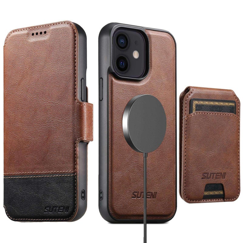 Suteni For Iphone 12 Q06S2 3-In-1 Detachable Vertical Flip Wallet Magsafe Splicing Leather Phone Case(Brown) - Image 1