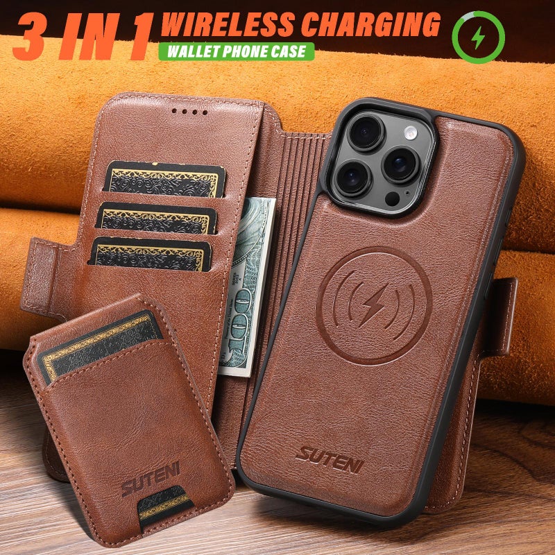 Suteni For Iphone 12 Q06S2 3-In-1 Detachable Vertical Flip Wallet Magsafe Splicing Leather Phone Case(Brown) - Image 4