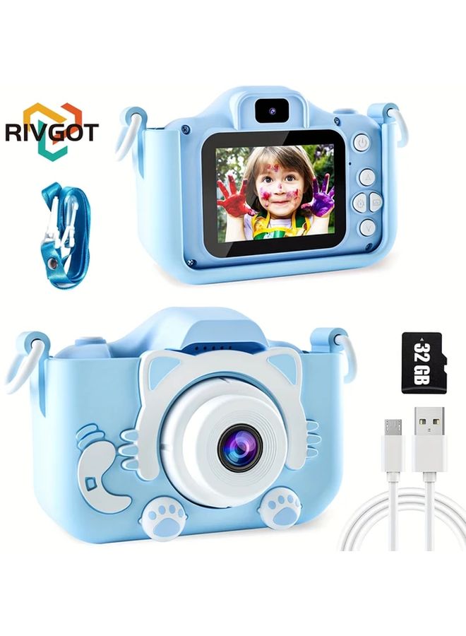 Kids Digital Camera Dual Lens USB MP3 Player Games 32GB SD Card Blue - Image 1