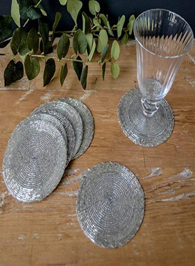 VDECORS طقم قواعد أكواب شاي فضية مطرزة يدوياً من Vdecors، قطرها 4 بوصات - Image 1