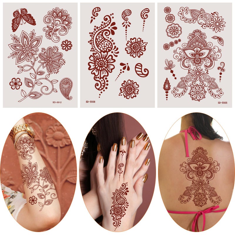 AHIER Temporary Tattoos for Women, 6 Sheets Henna Stickers, Waterproof Red Henna Tattoo Stickers for Women - Image 3