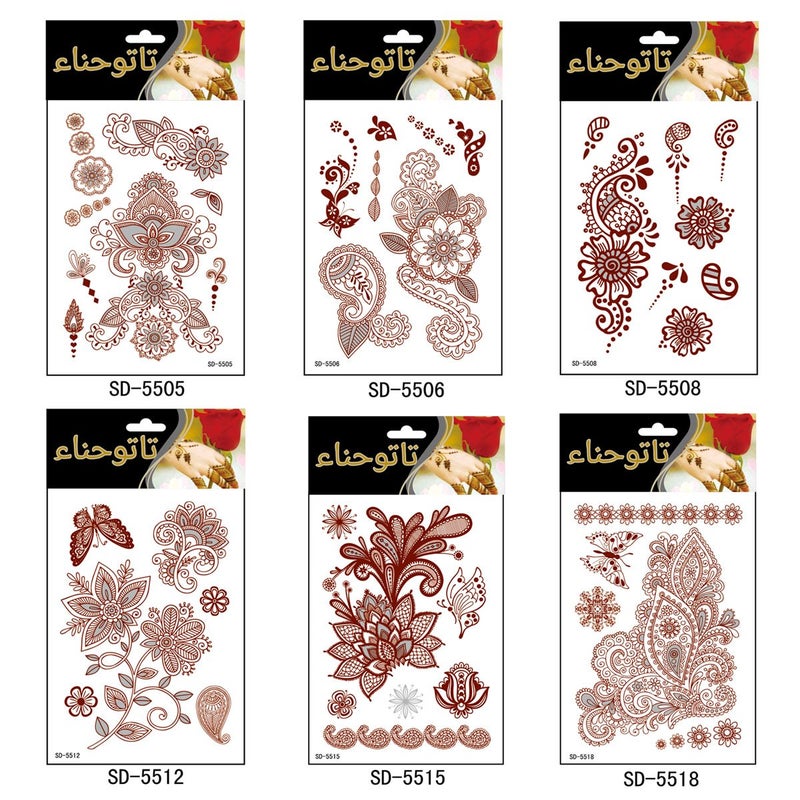 AHIER Temporary Tattoos for Women, 6 Sheets Henna Stickers, Waterproof Red Henna Tattoo Stickers for Women - Image 1