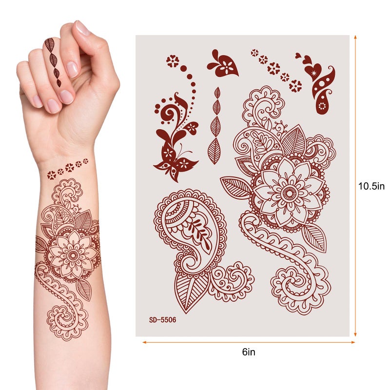 AHIER Temporary Tattoos for Women, 6 Sheets Henna Stickers, Waterproof Red Henna Tattoo Stickers for Women - Image 2