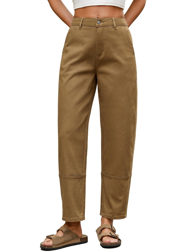 Eddoyee Women Barrel Cropped Pants, High Waisted Casual Loose Pants Harem Trousers with Cuff Split Designï¼ˆKhaki Mï¼‰ - Image 1