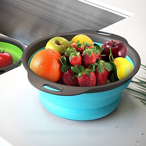 Qimh Collapsible Colander Set of 3 Round Silicone Kitchen Strainer Set - 2 pcs 4 Quart and 1 pcs 2 Quart- Perfect for Draining Pasta, Vegetable and fruit (green,blue, purple) - Image 5