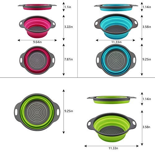 Qimh Collapsible Colander Set of 3 Round Silicone Kitchen Strainer Set - 2 pcs 4 Quart and 1 pcs 2 Quart- Perfect for Draining Pasta, Vegetable and fruit (green,blue, purple) - Image 2