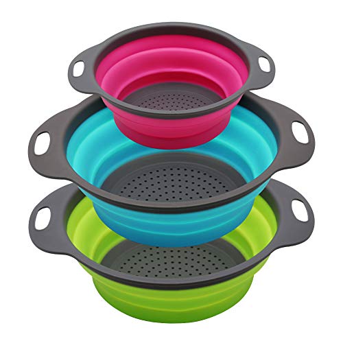 Qimh Collapsible Colander Set of 3 Round Silicone Kitchen Strainer Set - 2 pcs 4 Quart and 1 pcs 2 Quart- Perfect for Draining Pasta, Vegetable and fruit (green,blue, purple) - Image 1