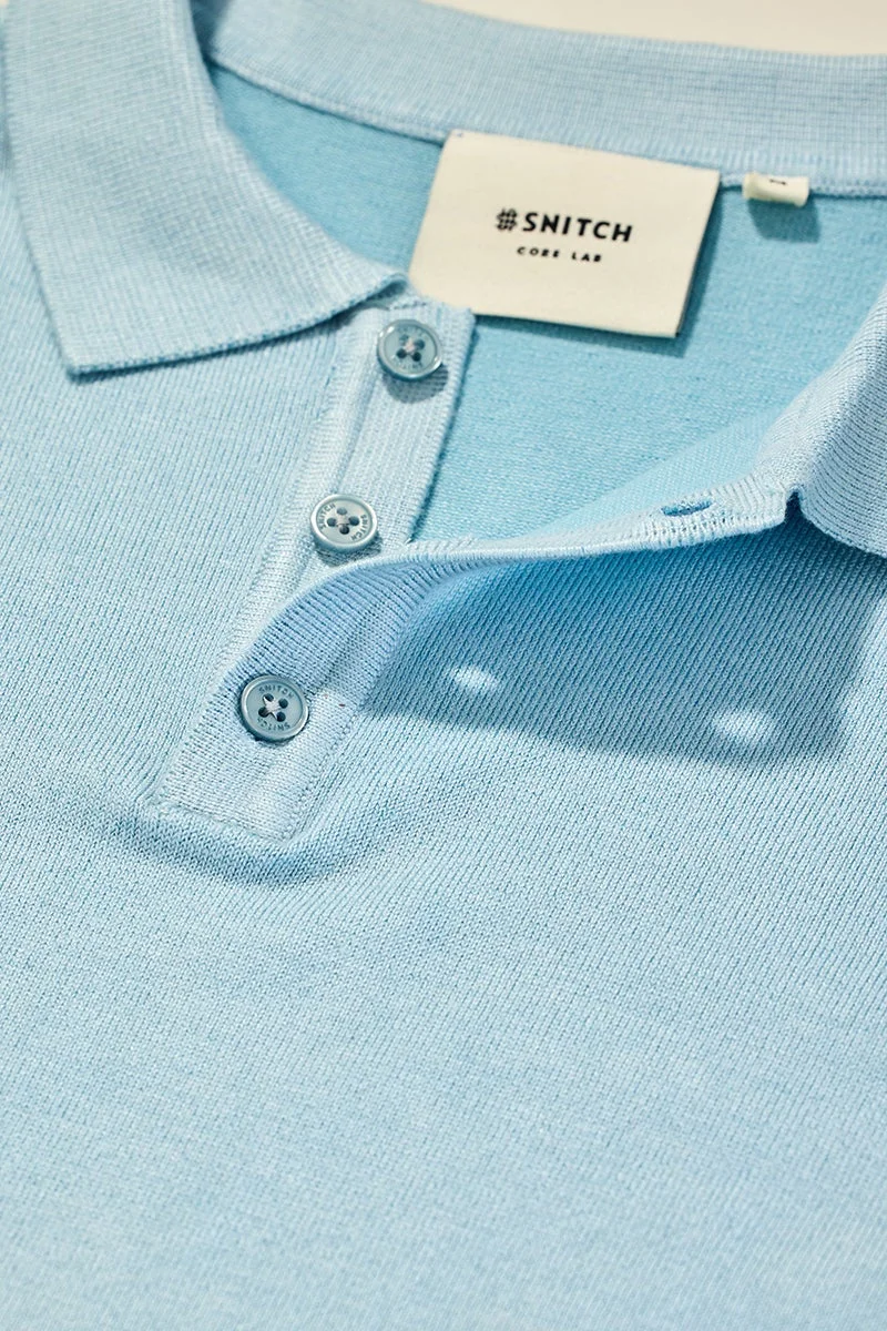 سنيتش Light Blue Solid Half Sleeve Slim Fit Casual T-Shirt