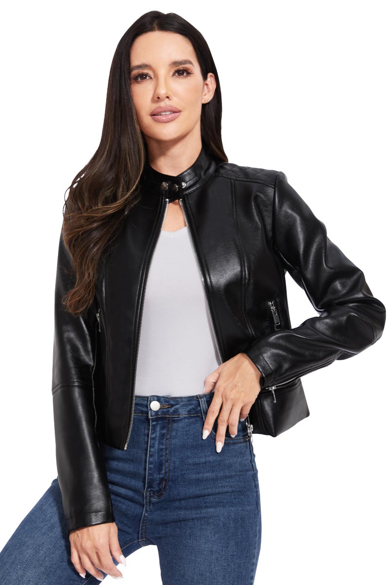 Fahsyee Faux Leather Jacket Women - Black Bomber Motorcycle Cropped Coat Moto Biker Blazer Casual Vegan Jackets Fashion M - Image 2