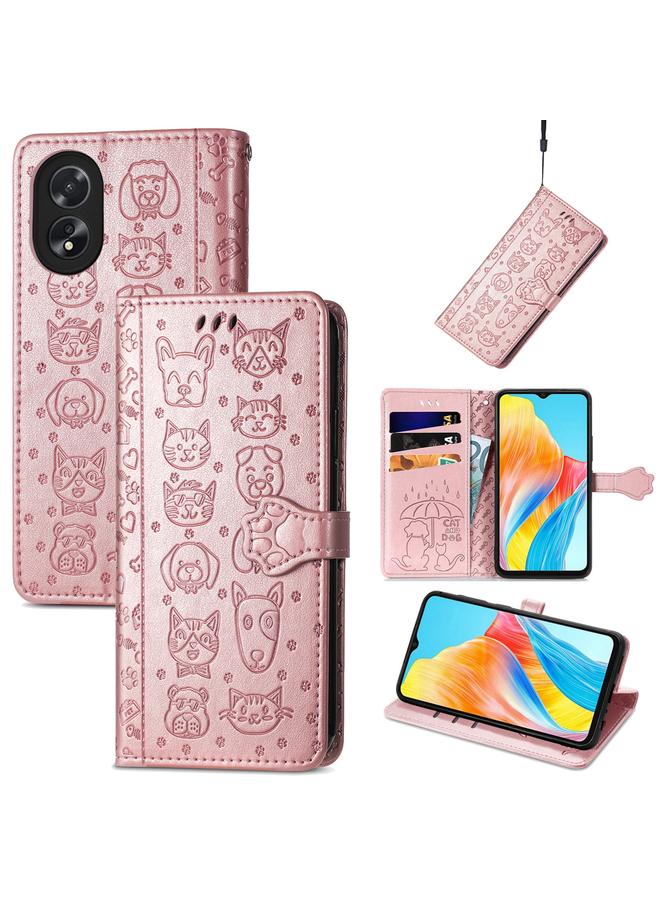 اس-توب جراب هاتف OPPO A38 من الجلد المنقوش بنقشة قطة وكلب - Image 1