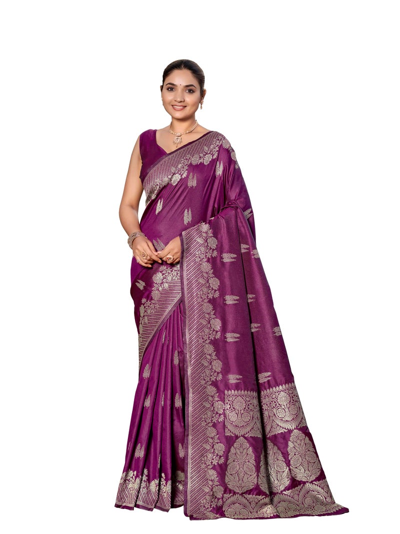 MANOHARI Women's Most Trendy Banarasi Woven Wine Saree With Heavy Jacquard Work Saree With Blouse Piece - Image 1