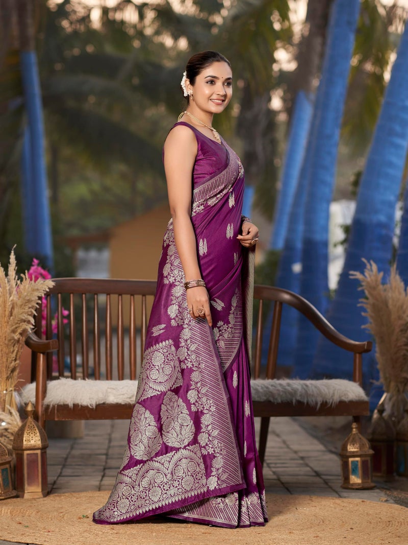 MANOHARI Women's Most Trendy Banarasi Woven Wine Saree With Heavy Jacquard Work Saree With Blouse Piece - Image 4
