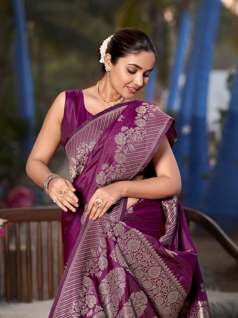 MANOHARI Women's Most Trendy Banarasi Woven Wine Saree With Heavy Jacquard Work Saree With Blouse Piece - Image 5