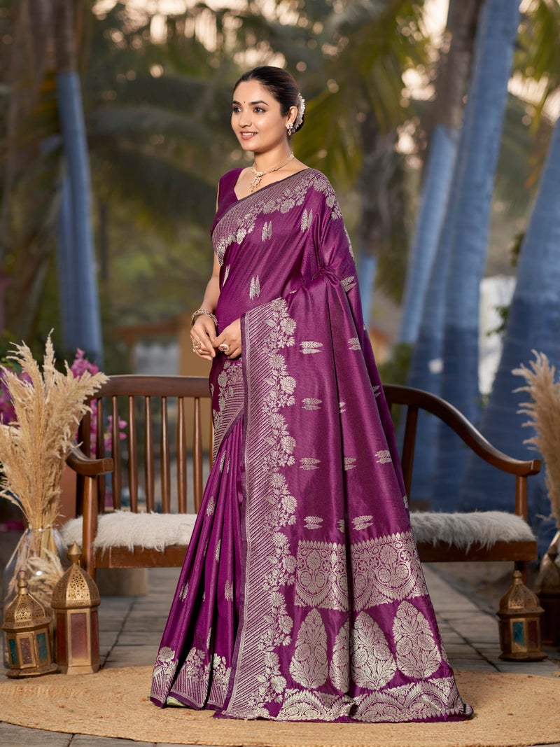 MANOHARI Women's Most Trendy Banarasi Woven Wine Saree With Heavy Jacquard Work Saree With Blouse Piece - Image 2
