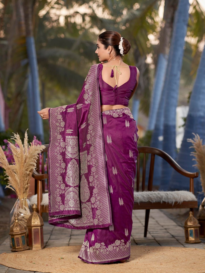 MANOHARI Women's Most Trendy Banarasi Woven Wine Saree With Heavy Jacquard Work Saree With Blouse Piece - Image 3
