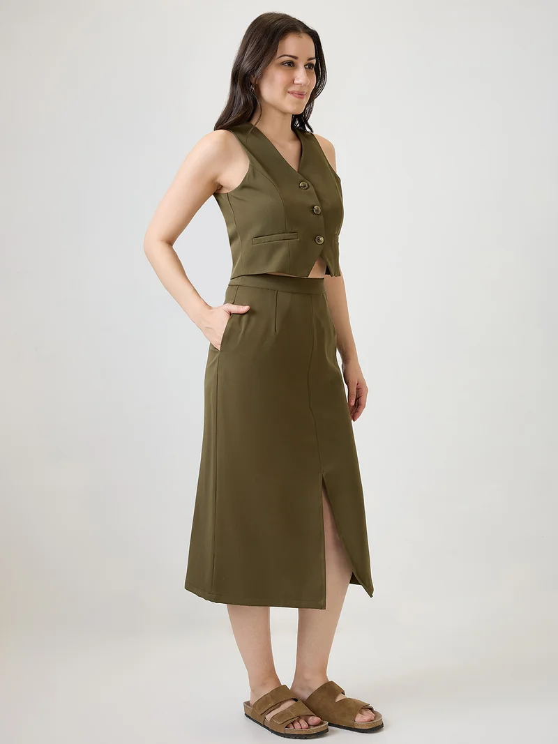 globus Women Olive V-Neck Solid Cropped Waistcoat With Front Slit Midi Skirt Workwear Co-Ord Set