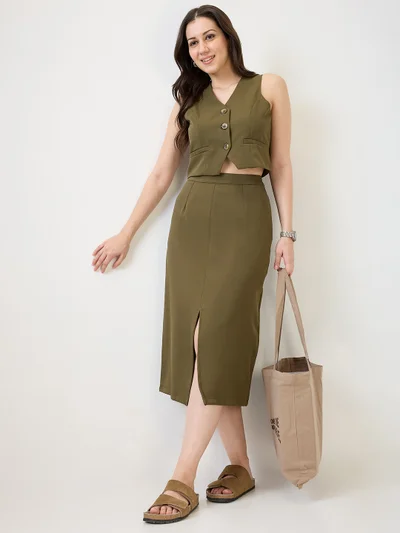 globus Women Olive V-Neck Solid Cropped Waistcoat With Front Slit Midi Skirt Workwear Co-Ord Set