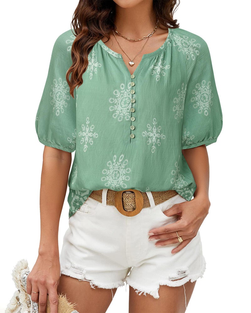 Unixseque Blouses for Women Casual: Womens Shirts Dressy Casual - Boho Tops for Women - V Neck Short Sleeve Shirts 2025 Travel Cute Top Summer Clothes Ladies Tops Green Floral - Image 4