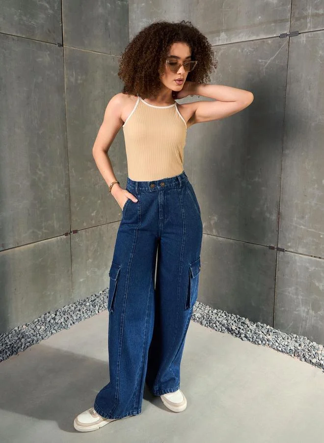 SASSAFRAS Women Blue High Rise Double Button Cargo Jeans