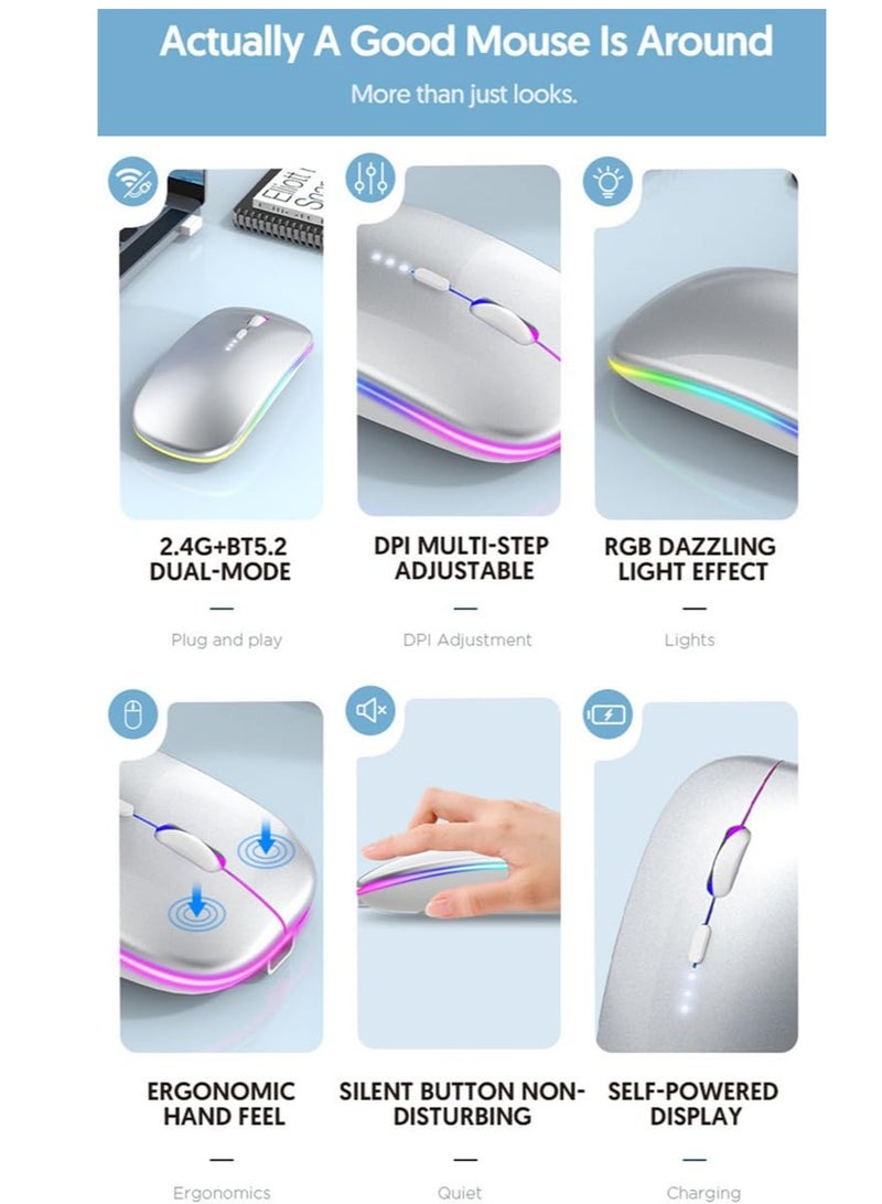 Wireless Bluetooth Mouse Rechargeable Laptop Mouse Portable LED Powered Display Computer Mice Use(BT5.2 or USB 2.4G) Dual Mode Connection Silent Slim Mouse for Laptop/iPad Tablet/MacBook/PC (Silver)  - Image 5
