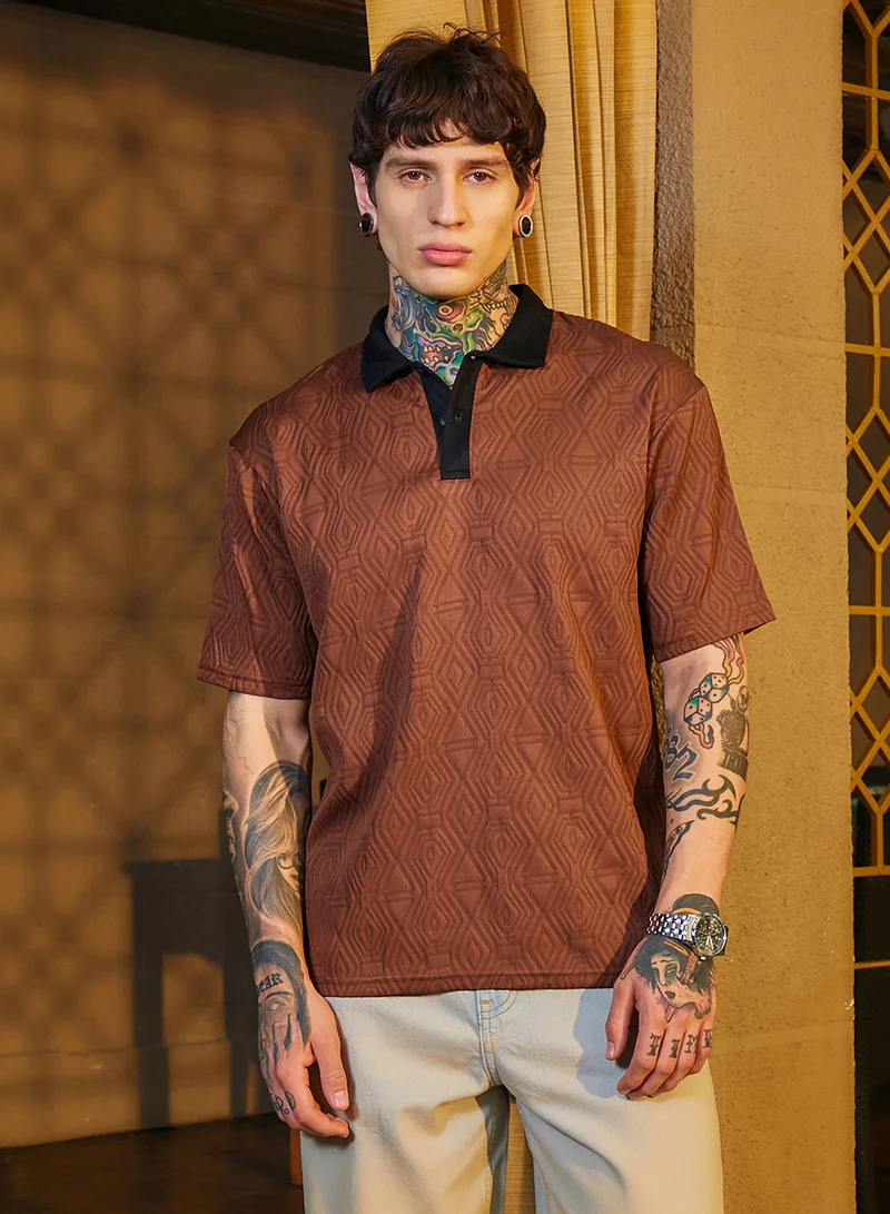 Campus Sutra Campus Sutra Men's Brown & Black Triad Contrast Polo T-Shirt For Casual Wear | Polo Neck | Short Cuffed Sleeves | Half-Button Closure | T-Shirt Crafted With Comfort Fit For Everyday Wear