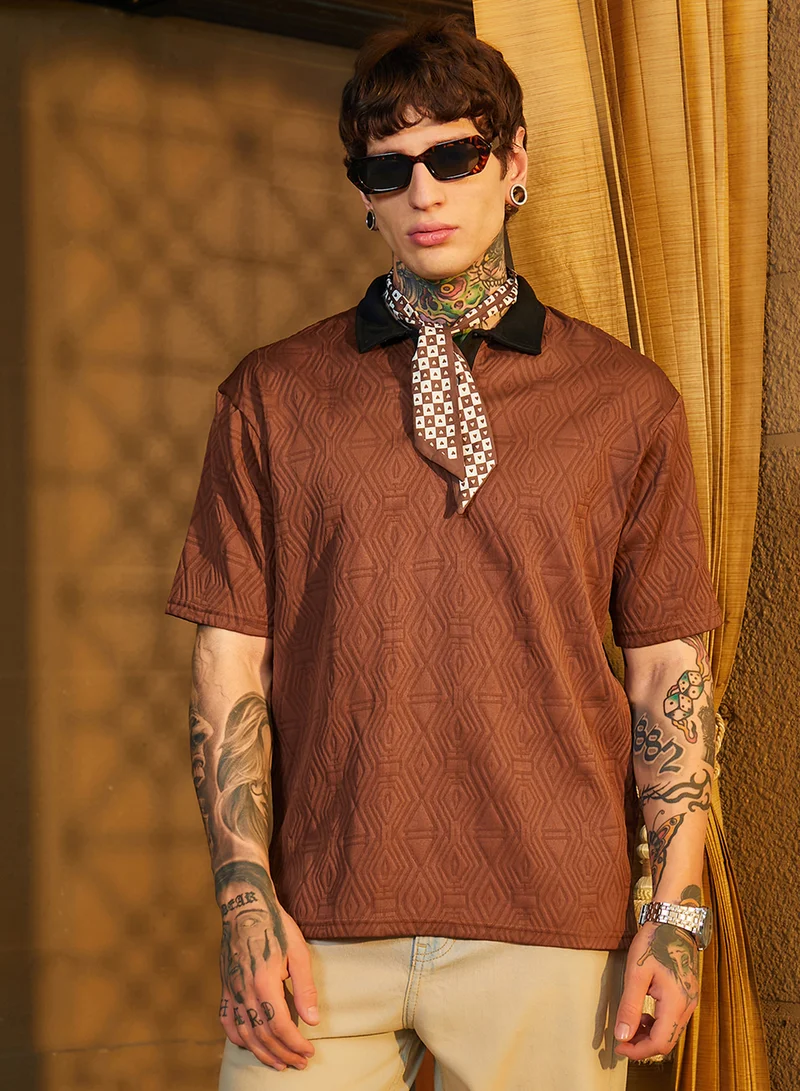Campus Sutra Campus Sutra Men's Brown & Black Triad Contrast Polo T-Shirt For Casual Wear | Polo Neck | Short Cuffed Sleeves | Half-Button Closure | T-Shirt Crafted With Comfort Fit For Everyday Wear