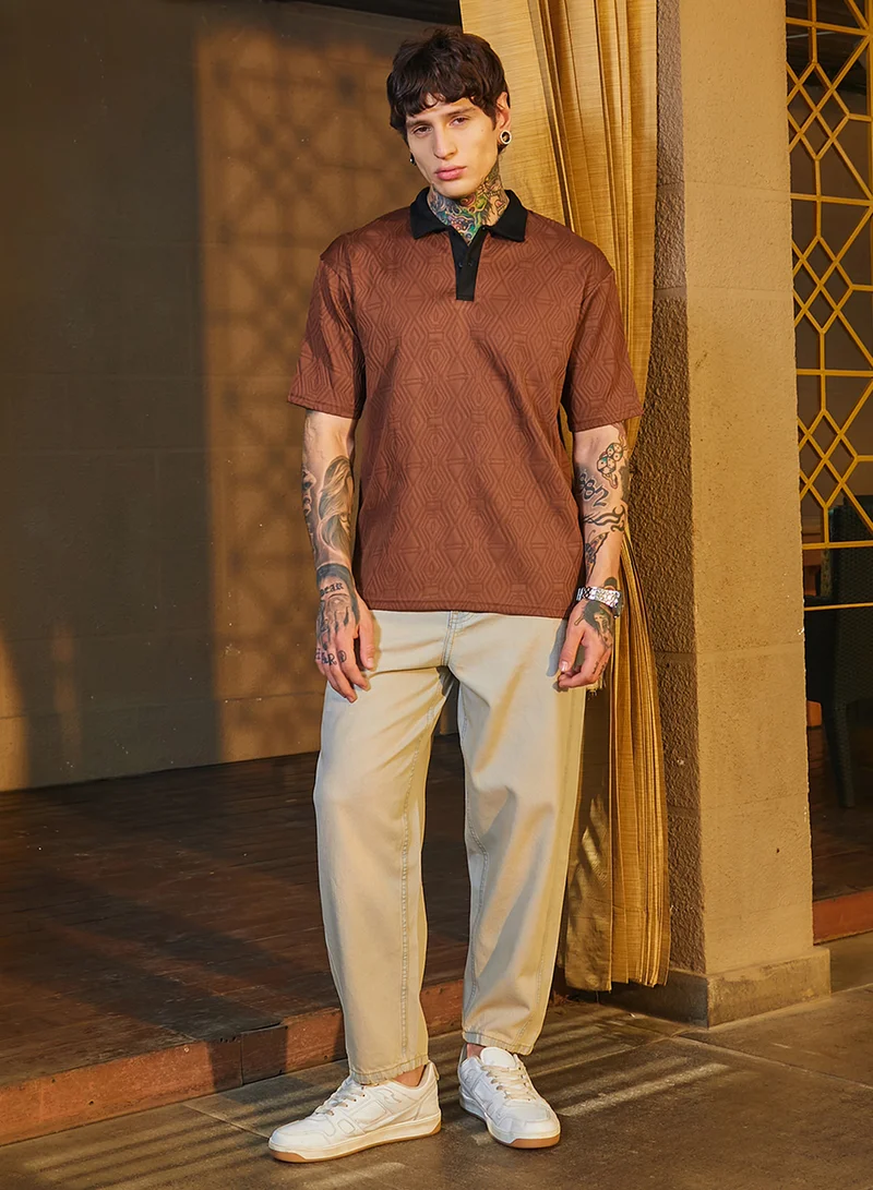 Campus Sutra Campus Sutra Men's Brown & Black Triad Contrast Polo T-Shirt For Casual Wear | Polo Neck | Short Cuffed Sleeves | Half-Button Closure | T-Shirt Crafted With Comfort Fit For Everyday Wear