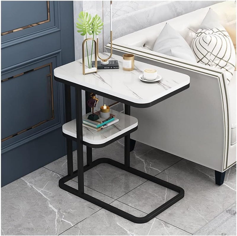 LOOKMINT Foldable End Table C Shaped Side Table with Storage Shelf Small Snack Table Suitable for Living Room Bedroom Small Spaces Easy Assembly BlackWhite - Image 1