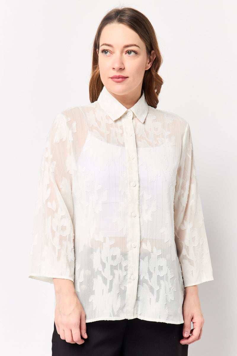 bebe Women Spread Collar Long Sleeve Textured Blouse, White - Image 1