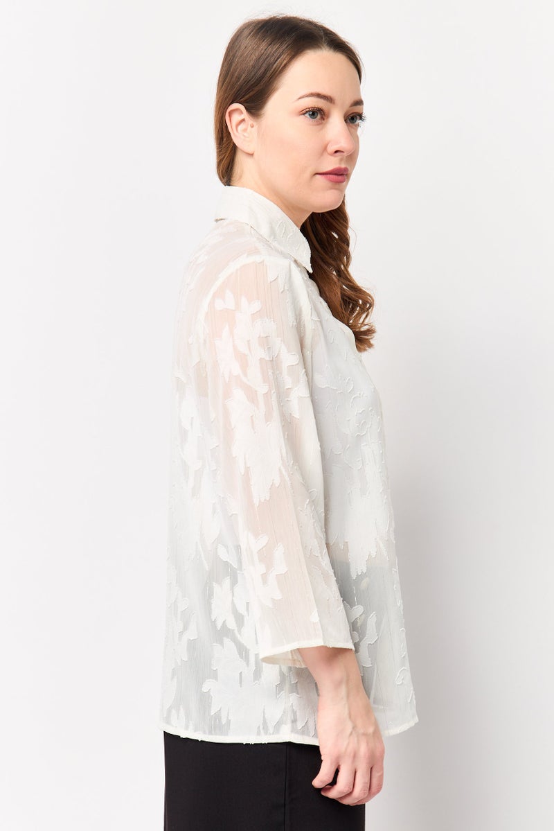 bebe Women Spread Collar Long Sleeve Textured Blouse, White - Image 2