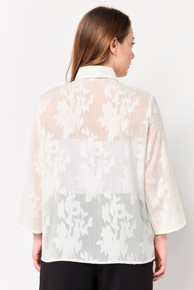 bebe Women Spread Collar Long Sleeve Textured Blouse, White - Image 3
