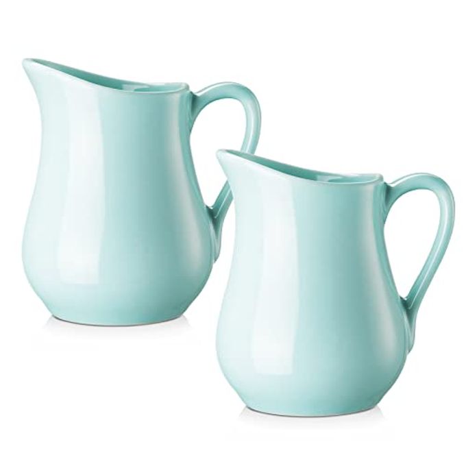 Gurygo 4 Ounce (Set/2) Creamer Pitcher with Handle, Small Classic White Fine Porcelain Creamer Container, Small Ceramic Pitcher for Coffee Milk, Microwave & Freezer Safe (Turquoise) - Image 4