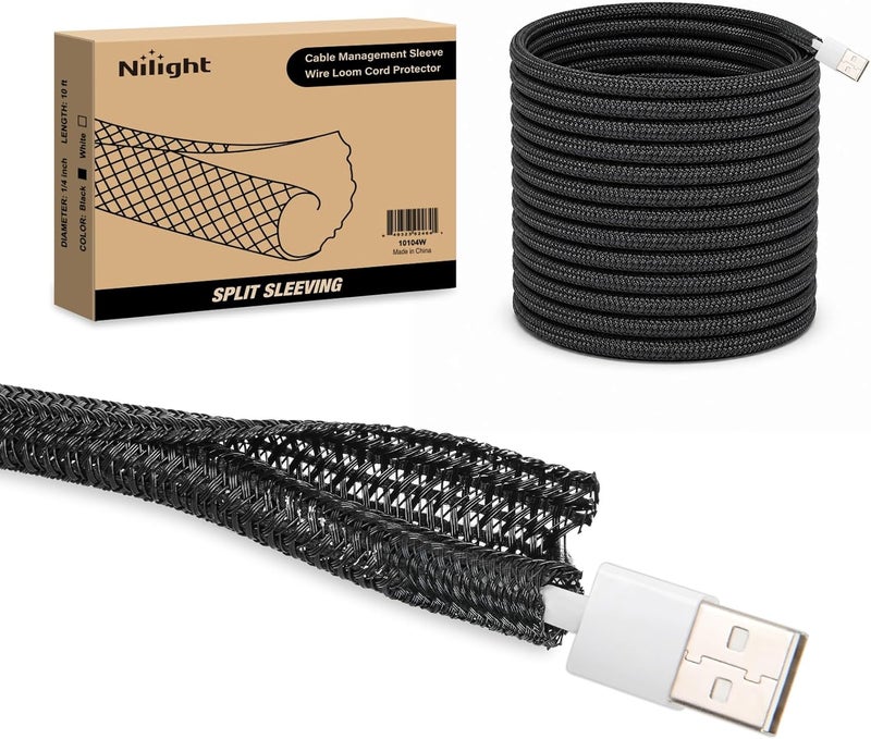 Nilight Cable Sleeve, 10ft-1/4inch Cable Management Sleeves, Braided Cable Sleeving, Split Self Wrapping Wire Loom for Computer Cable Electrical Wire Automotive Harness Protector Organizer, Black - Image 1