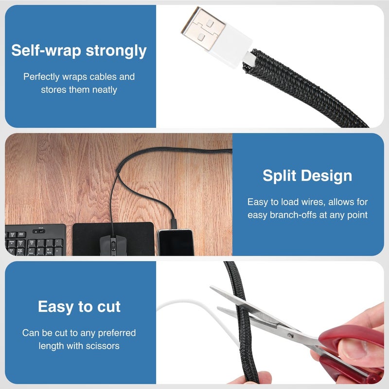 Nilight Cable Sleeve, 10ft-1/4inch Cable Management Sleeves, Braided Cable Sleeving, Split Self Wrapping Wire Loom for Computer Cable Electrical Wire Automotive Harness Protector Organizer, Black - Image 3