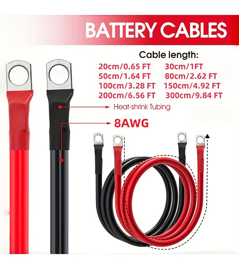 كابل بطارية 8 AWG لتوصيلات العاكس الشمسي مع أطراف مسامير بطول 59.06 بوصة باللونين الأحمر والأسود مناسب للسيارات والدراجات النارية والمركبات الترفيهية والكرفانات والمقطورات السكنية وتطبيقات توصيل المركبات الأخرى - Image 2