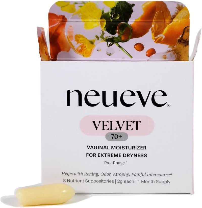 NeuEve تحاميل نيو إيف المخملية المهبلية للنساء فوق 70 عامًا خالية من الهرمونات لدعم الرطوبة 8 قطع - Image 1