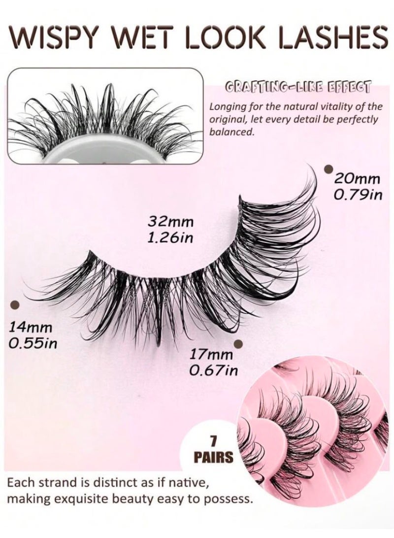 Tuline 7 Pairs Manga Wispy Faux Mink Eyelashes 20MM – 3D Fluffy Wet Look Cat Eye Lashes with Clear Band Natural & Dramatic Style - Image 3