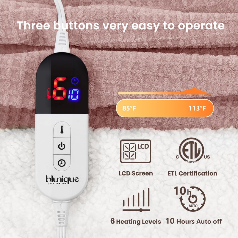 blunique بطانية كهربائية ساخنة من بلونيك، بطانية كهربائية مزدوجة وافل 62 × 84 بوصة، بطانية شيربا صوف سريعة التسخين، 6 مستويات تسخين و10 ساعات إيقاف تلقائي، شهادة ETL، وردي مزدوج - Image 5