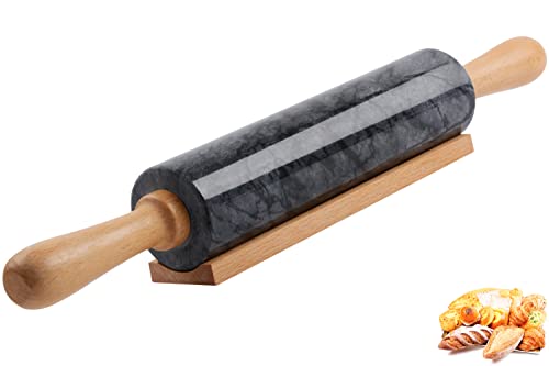SIPARUI Marble Rolling Pin with Wooden Cradle Thick Handle Set for Baking185 inch Premium Quality Polished Roller for Pizza DoughFondantPie CrustNonStick Surface Easy to CleanBlack