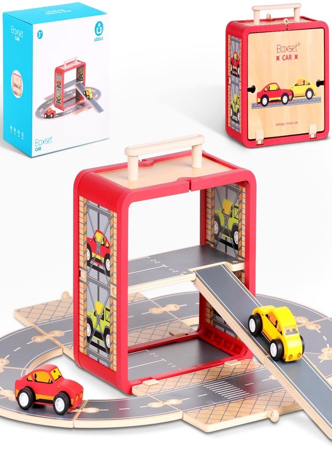 UDEAS Wooden Toy Car Set for Toddlers, Car Track and Parking Garage Playset, Toy Vehivle Set with Blocks Storage Box for Kids Boys and Girls - Image 1